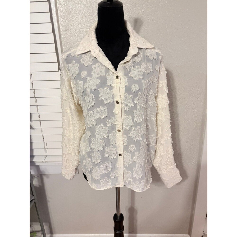Zara cream Semi sheer Jacquard Floral Textured Button Down Long Sleeve Blouse S
